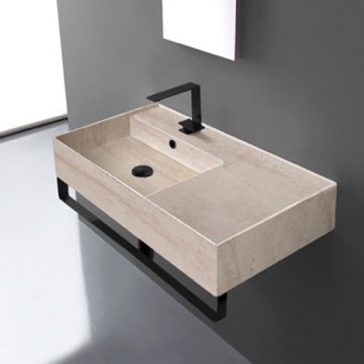 Bathroom Sink Beige Travertine Design Ceramic Wall Mounted Sink With Matte Black Towel Bar Scarabeo 5115-E-TB-BLK
